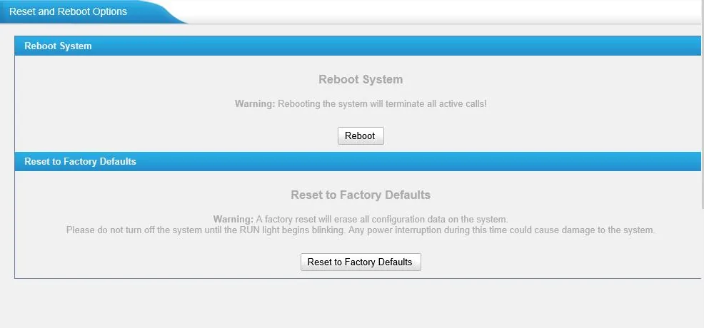 Страница Reset and Reboot Options шлюза Yeastar TE: блоки Reboot System и Reset to Factory Defaults с предупреждением не выключать питание, пока не замигает RUN
