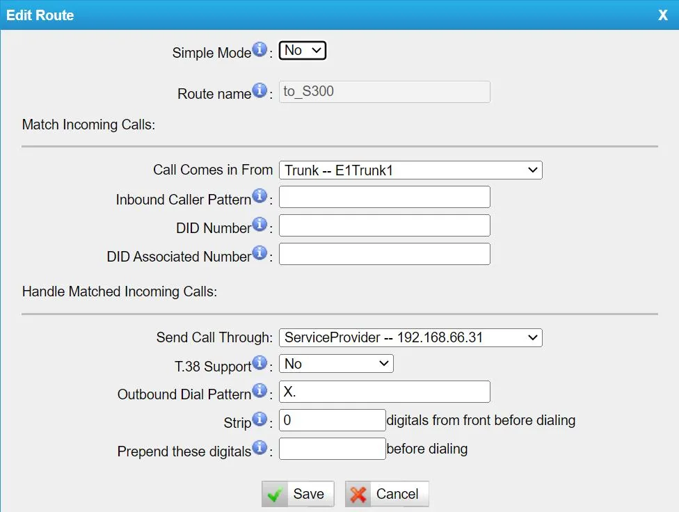 Окно Edit Route шлюза Yeastar TE в подробном режиме: Simple Mode = No, Call Comes in From = Trunk -- E1Trunk1, поля Inbound Caller Pattern, DID Number, DID Associated Number, Send Call Through, Outbound Dial Pattern, Strip и Prepend