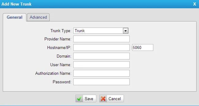 Окно Add New Trunk шлюза Yeastar TE: Trunk Type = Trunk, Provider Name, Hostname/IP с портом 5060, Domain, User Name, Authorization Name, Password
