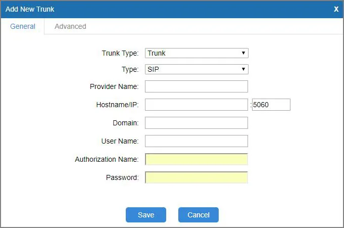 Add New Trunk window of the Yeastar TG: Trunk Type = Trunk, Type = SIP, Provider Name, Hostname/IP with port 5060, Domain, User Name, Authorization Name, Password