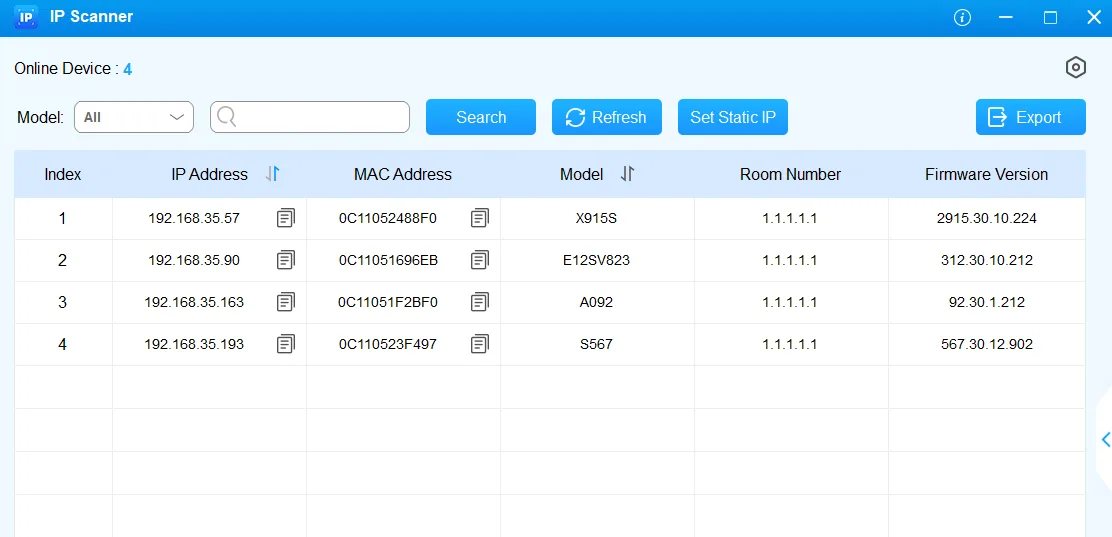 Akuvox IP Scanner: список найденных в сети устройств с IP-адресом, MAC, моделью и версией прошивки