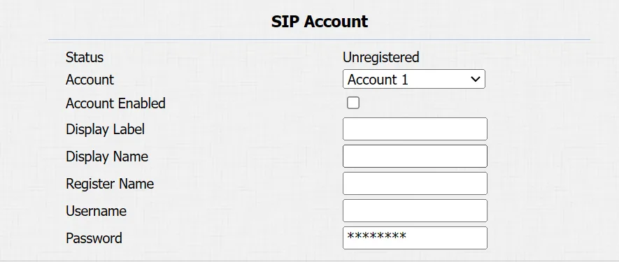 Блок SIP Account в веб-интерфейсе Akuvox: Status, Account, Account Enabled, Display Label, Display Name, Register Name, Username, Password