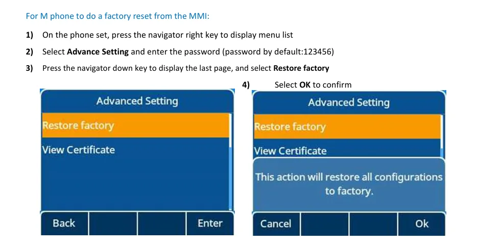 Пункт Restore factory на экране телефона