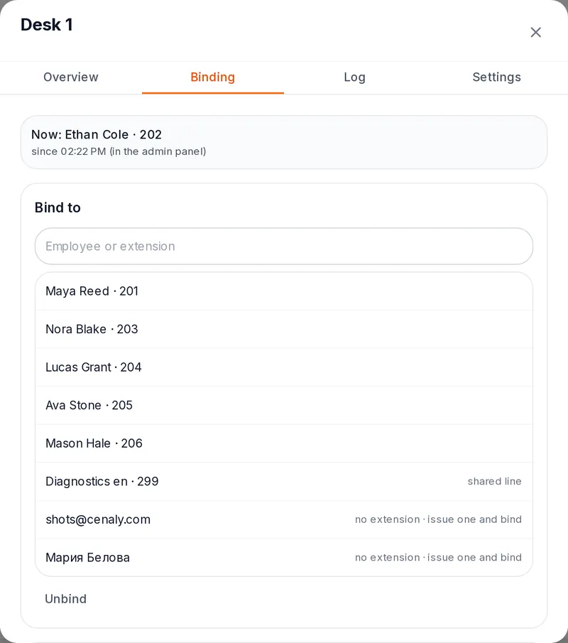 The phone window, Binding tab: who it is assigned to, home extension, assigning by dialing and auto-release