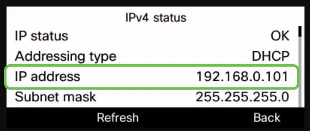 Экран IPv4 status с IP-адресом телефона Cisco