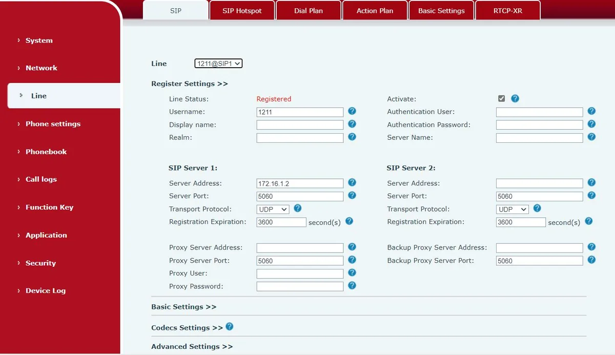 Страница Line → SIP в веб-интерфейсе Fanvil: Register Settings и SIP Server 1