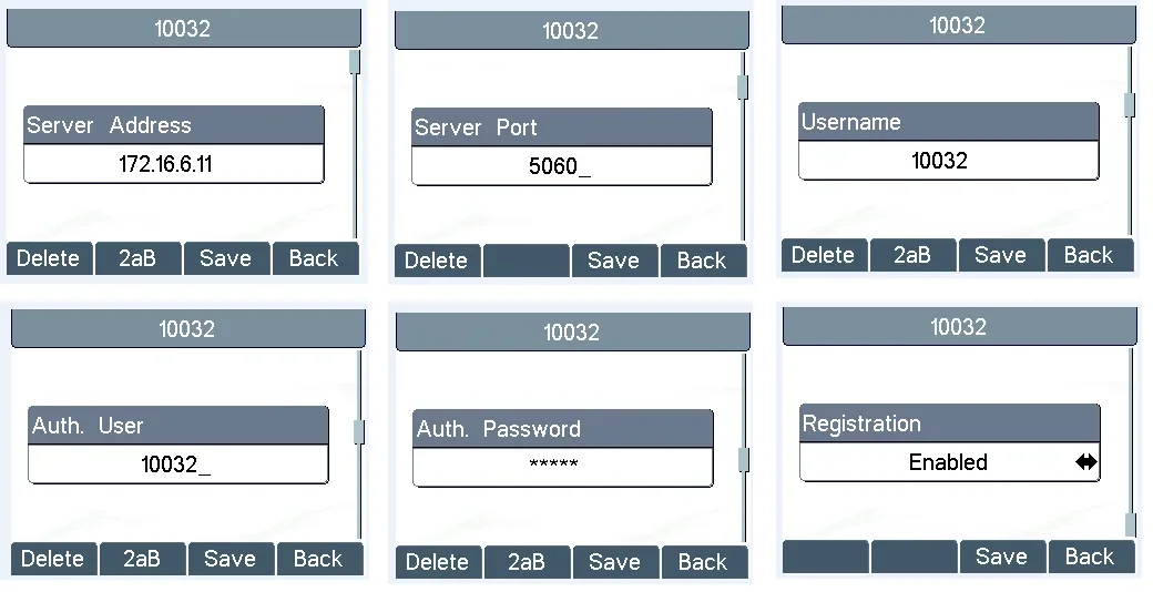 Экраны настройки учётки на самом Fanvil X3S: Server Address, Server Port, Username, Auth. User, Auth. Password, Registration Enabled