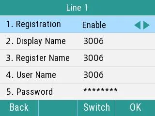 Экран Line 1 в меню телефона Flyingvoice: Registration, Display Name, Register Name, User Name, Password