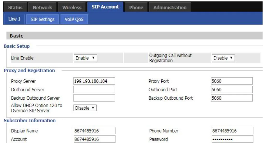 Вкладка SIP Account → Line 1 переходника Flyingvoice FTA: Proxy Server, Proxy Port, Display Name, Phone Number, Account, Password