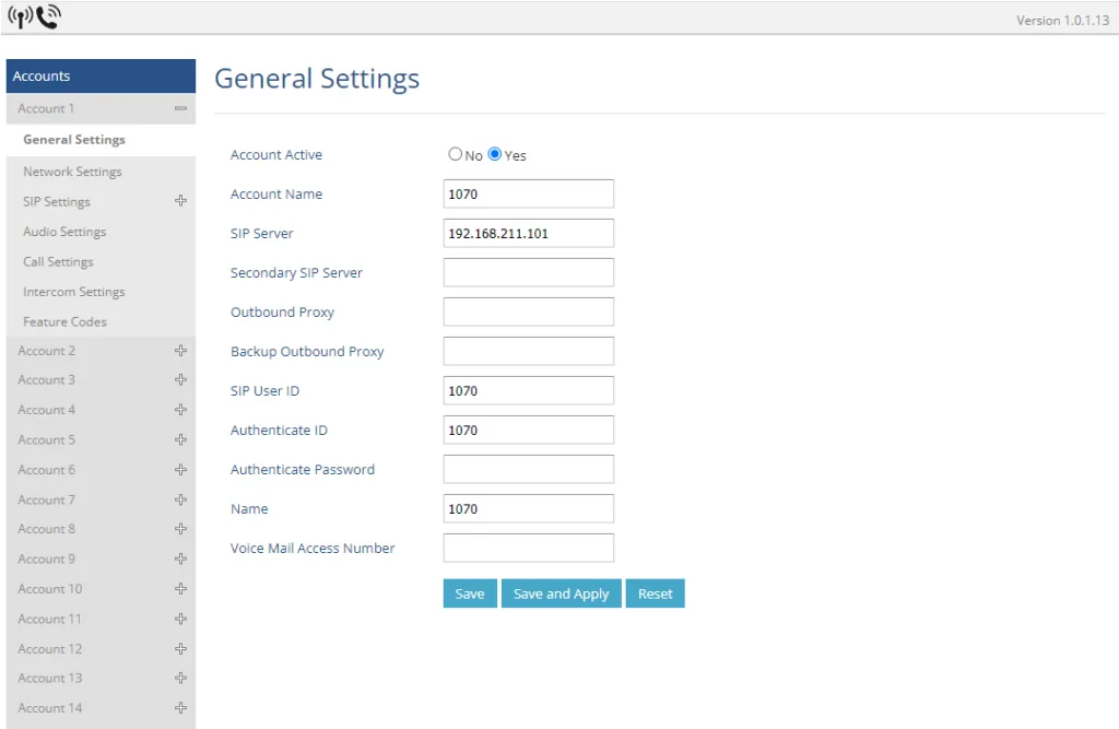 Страница Accounts → Account 1 → General Settings в веб-интерфейсе DP755: Account Active, Account Name, SIP Server, SIP User ID, Authenticate ID, Authenticate Password, Name