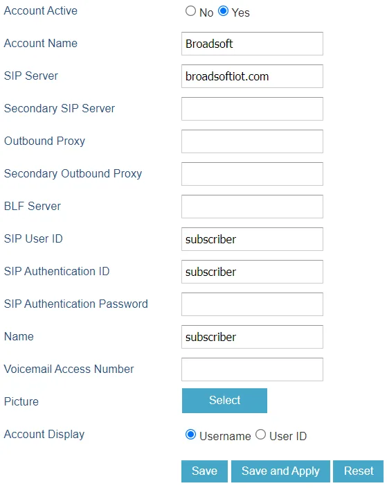 Страница Accounts → Account 1 → General Settings в веб-интерфейсе Grandstream: Account Active, Account Name, SIP Server, SIP User ID, SIP Authentication ID, SIP Authentication Password, Name