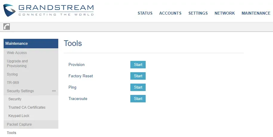 Страница Maintenance → Tools в веб-интерфейсе GRP26xx: кнопки Start у пунктов Provision, Factory Reset, Ping и Traceroute