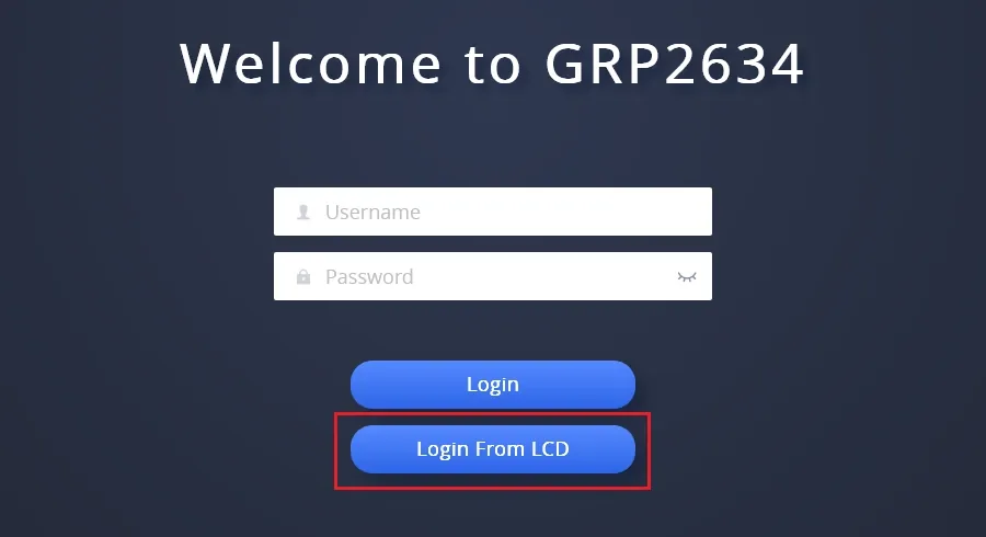 Страница входа в веб-интерфейс GRP2634: поля Username и Password и выделенная кнопка «Login From LCD»