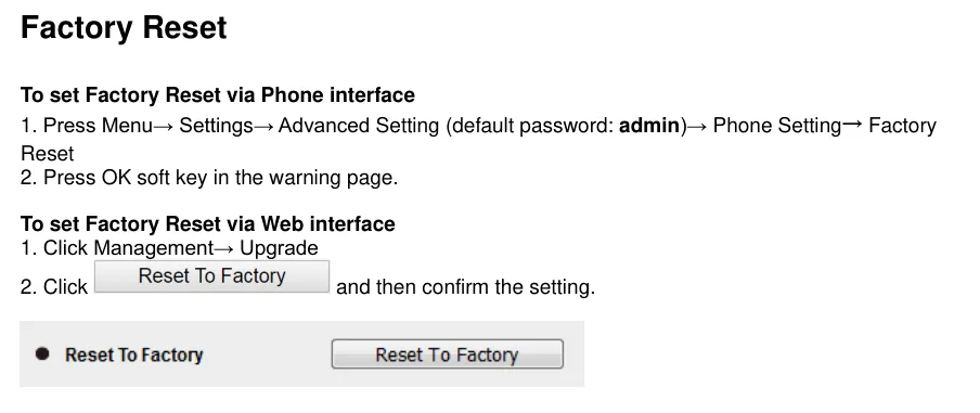 Раздел Factory Reset в руководстве Htek