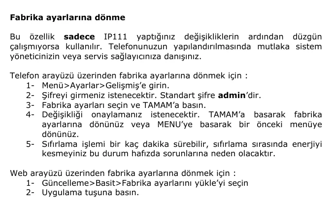 Раздел руководства «Fabrika ayarlarına dönme»: сброс с аппарата и из веб-интерфейса