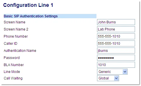 Блок Basic SIP Authentication Settings на странице Configuration Line 1