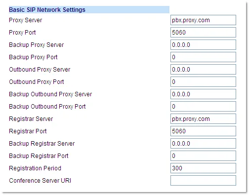 Блок Basic SIP Network Settings в Mitel Web UI