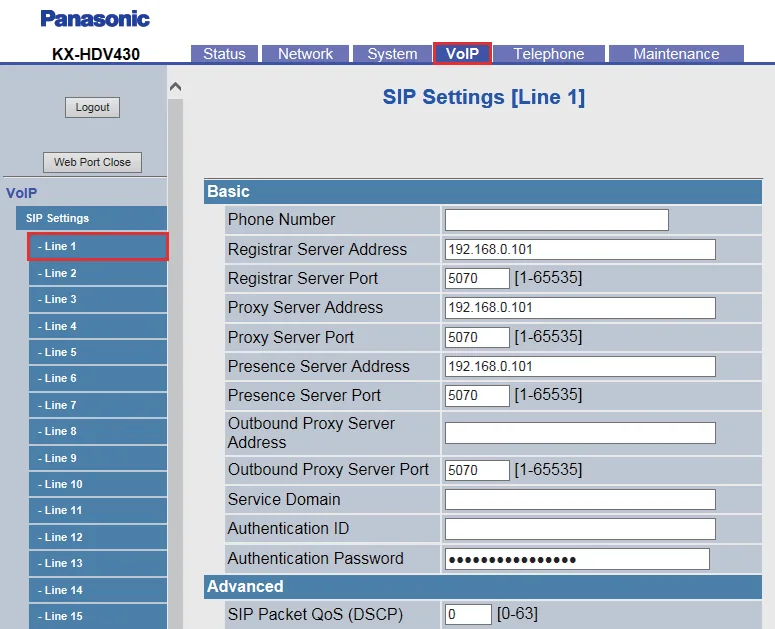 Страница VoIP → SIP Settings для первой линии в веб-интерфейсе Panasonic KX-HDV430