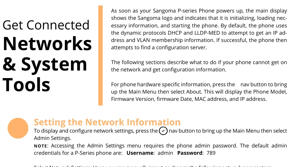 Раздел руководства: экран About показывает IP-адрес, а вход в Admin Settings требует пароль admin / 789
