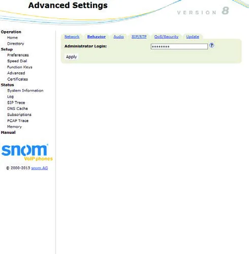 Веб-интерфейс Snom в пользовательском режиме: на странице Advanced только поле Administrator Login