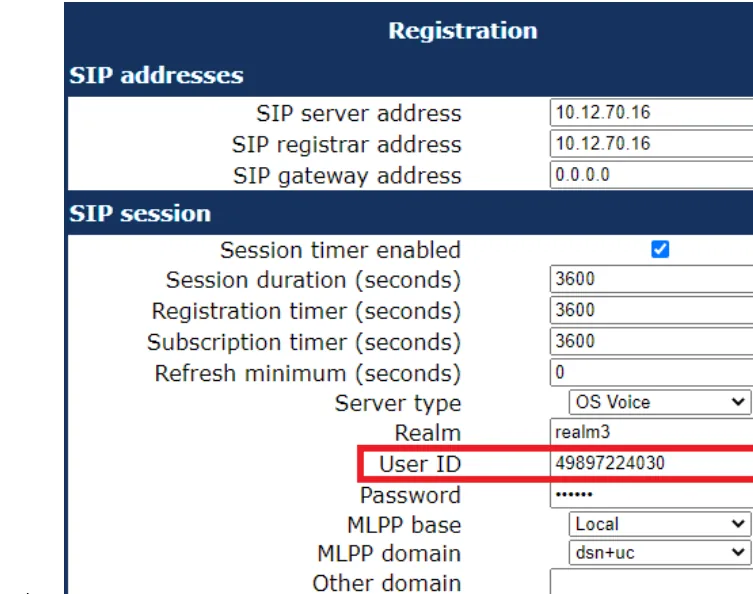 Страница Registration в веб-интерфейсе: SIP addresses, Server type, User ID, Password