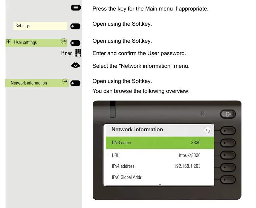 Меню Network information на телефоне Unify: строка IPv4 address