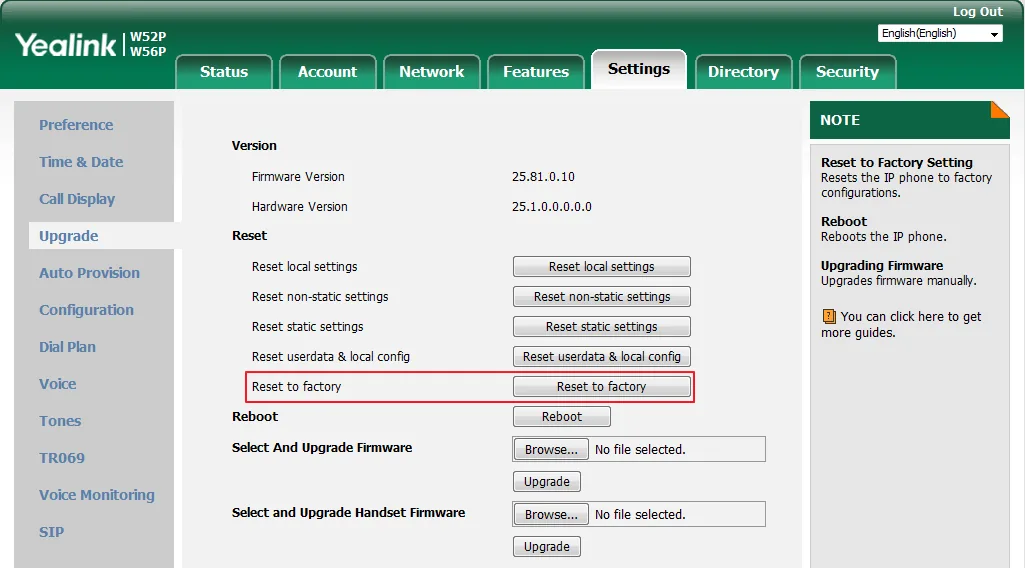 Страница Settings → Upgrade с кнопкой Reset to factory
