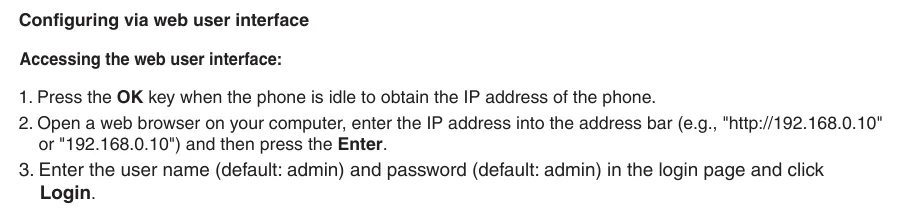 Yealink Quick Start Guide: нажмите OK для получения IP, откройте адрес в браузере, войдите с admin/admin