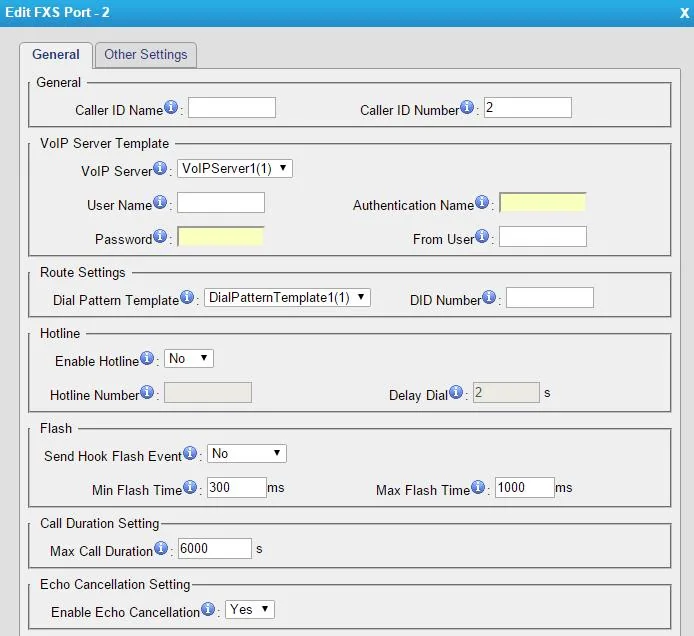 Окно Edit FXS Port шлюза Yeastar TA: Caller ID Name/Number, VoIP Server, User Name, Authentication Name, Password