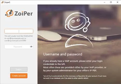 Zoiper 5: первый экран мастера — поле логина с подсказкой user@sip.example.com и поле Password