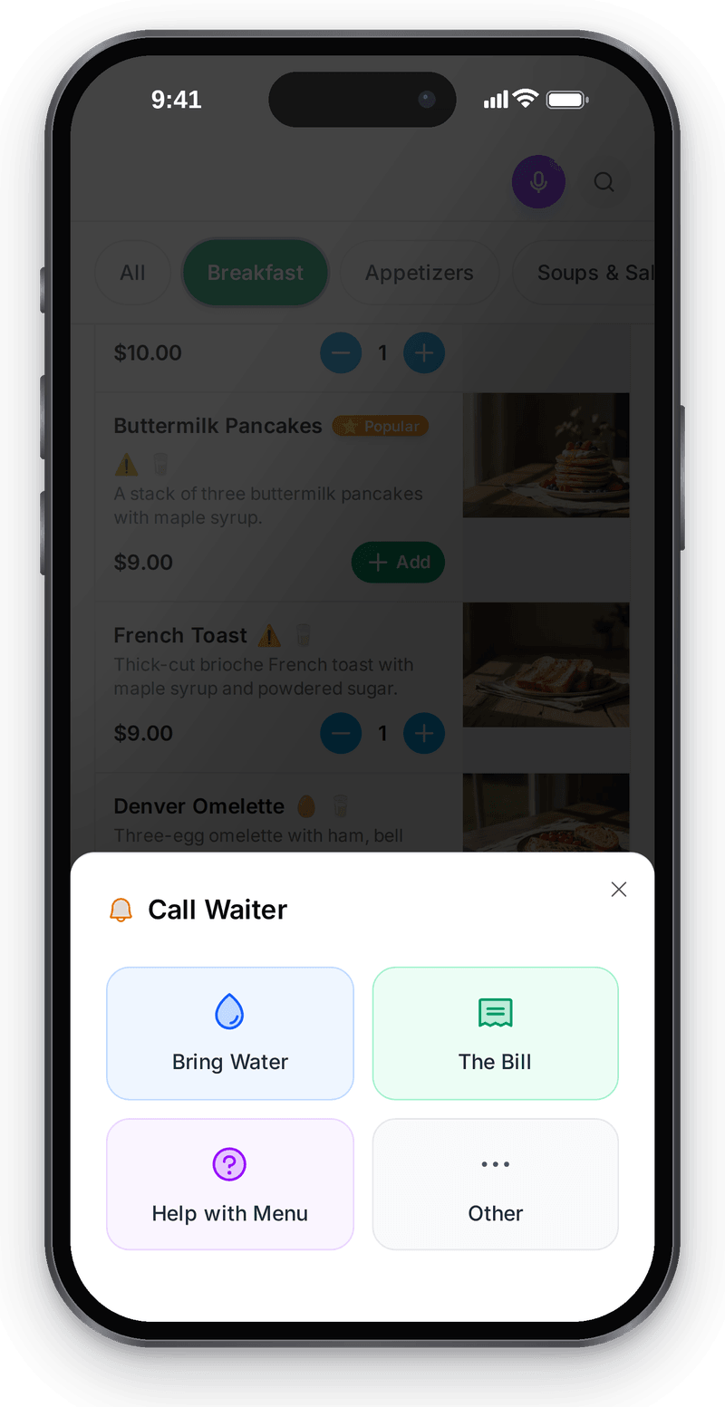Calling the waiter from the QR menu: Bring water, The bill, Help with menu and Other buttons