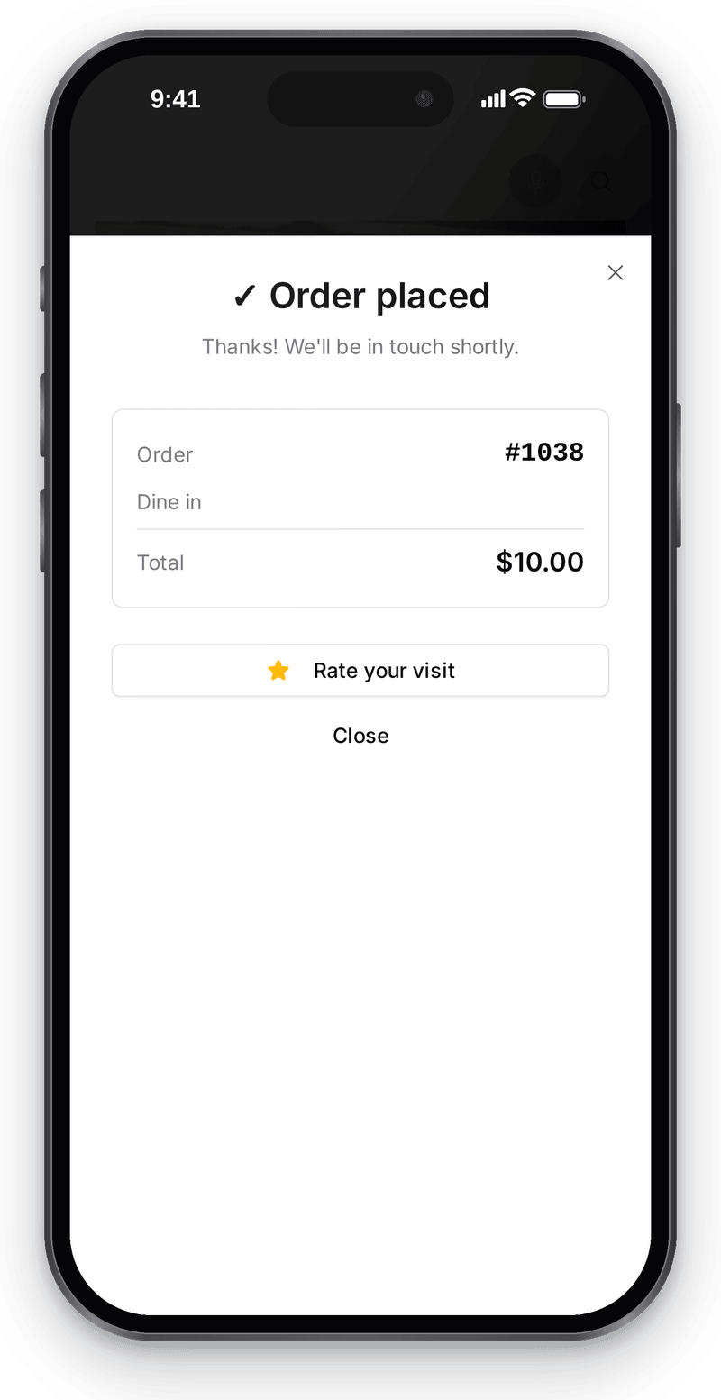 Guest QR order: a sandwich and iced tea in the cart, sent from the table — the phone shows Order placed with its number and $10 total