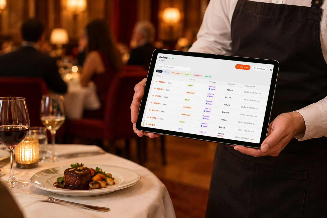 A waiter in the dining room with a tablet showing orders that came in from tables via QR