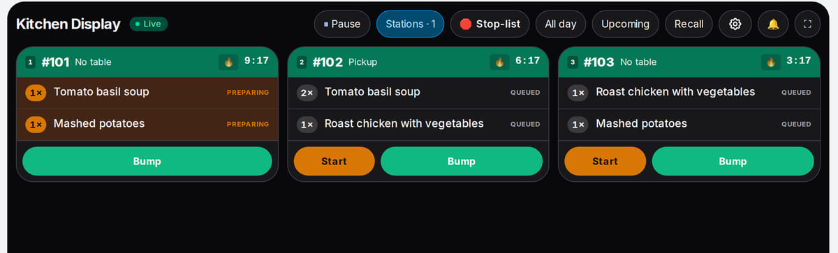 Canteen kitchen display: orders 101–103 for tomato soup, roast chicken with vegetables and mashed potatoes