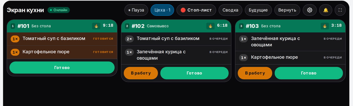 Экран кухни столовой: три заказа №101–103 на томатный суп, курицу с овощами и картофельное пюре