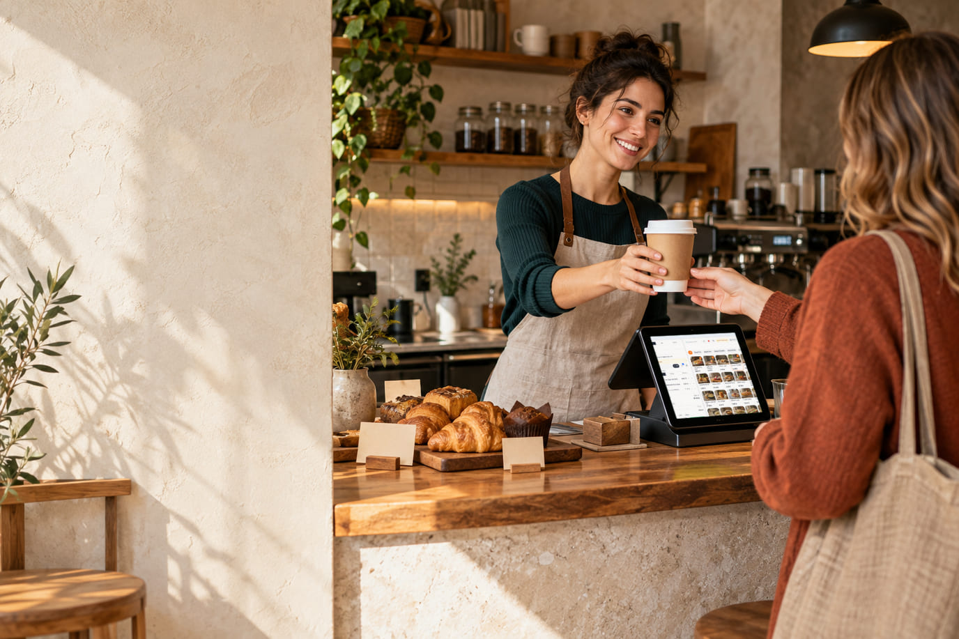 A barista at the counter hands a takeaway coffee to a guest; the tablet beside her shows the POS with item cards