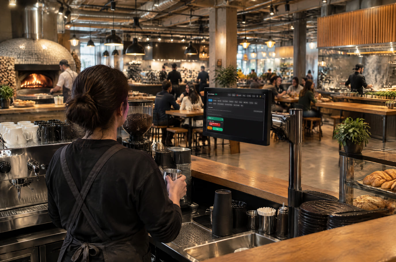 A food hall with several kitchens: a barista prepares a drink next to a kitchen display on an arm showing her items