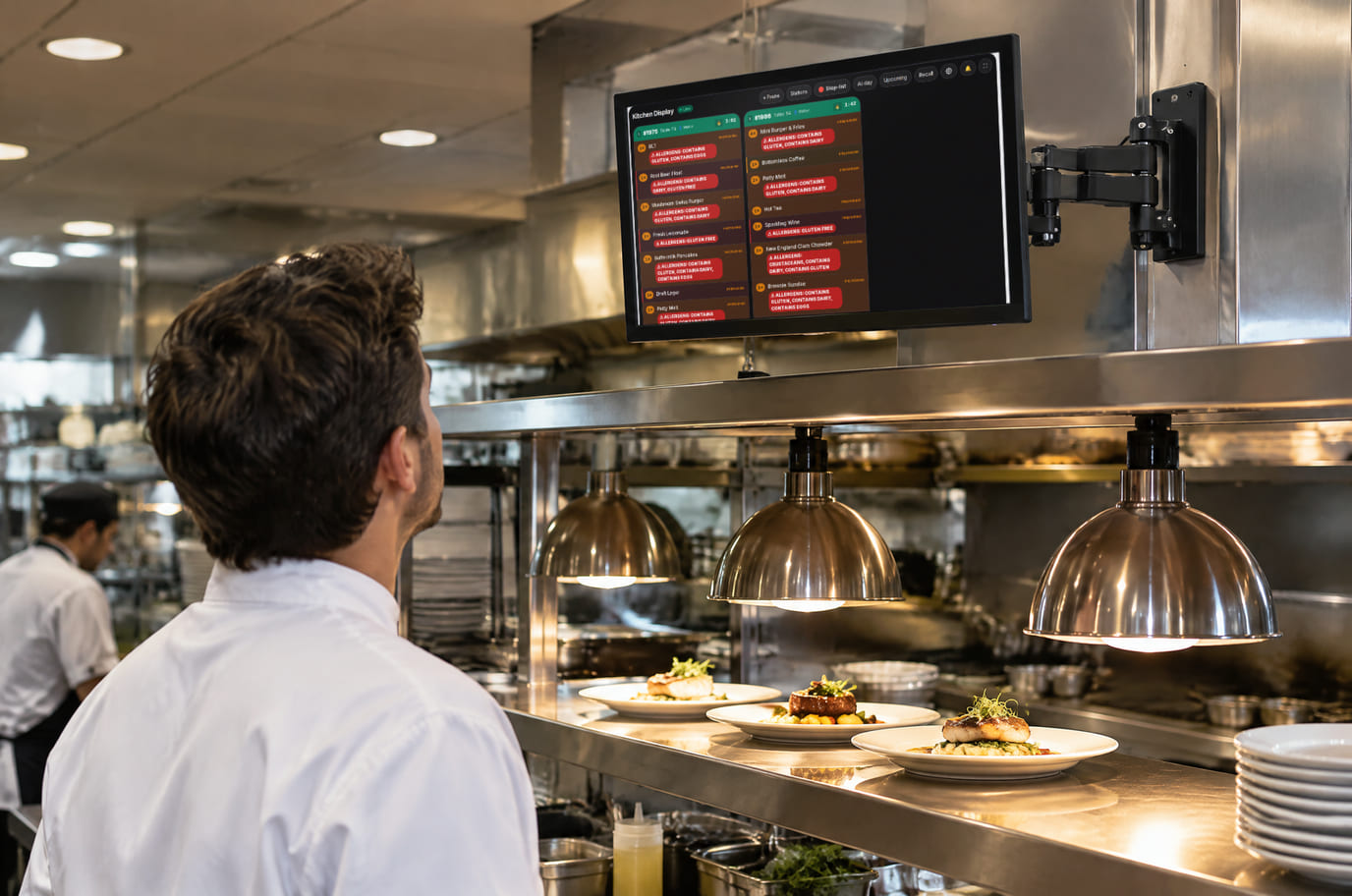 A cook looks at the kitchen display on a wall bracket above the pass with heat lamps and finished plates