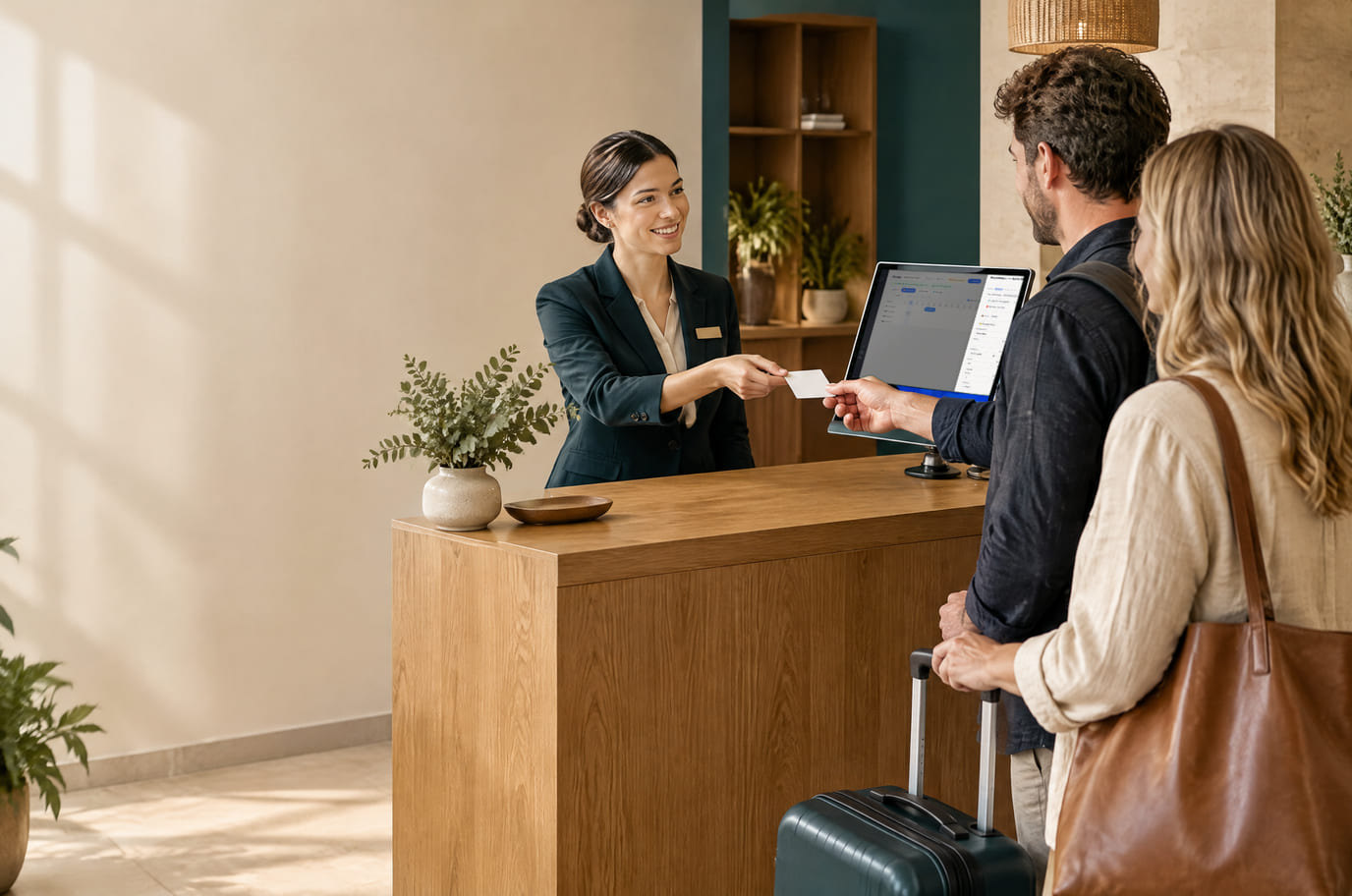 A hotel receptionist hands a key to guests at the desk; the monitor shows the room calendar with a booking