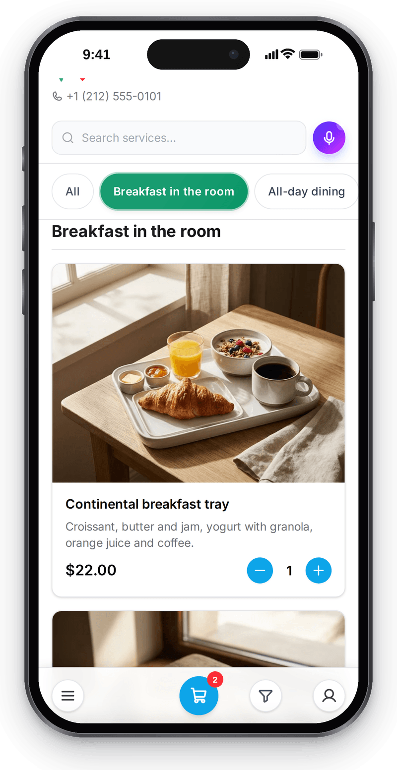 A QR-code menu on a guest's phone: items with photos, prices and an Add button
