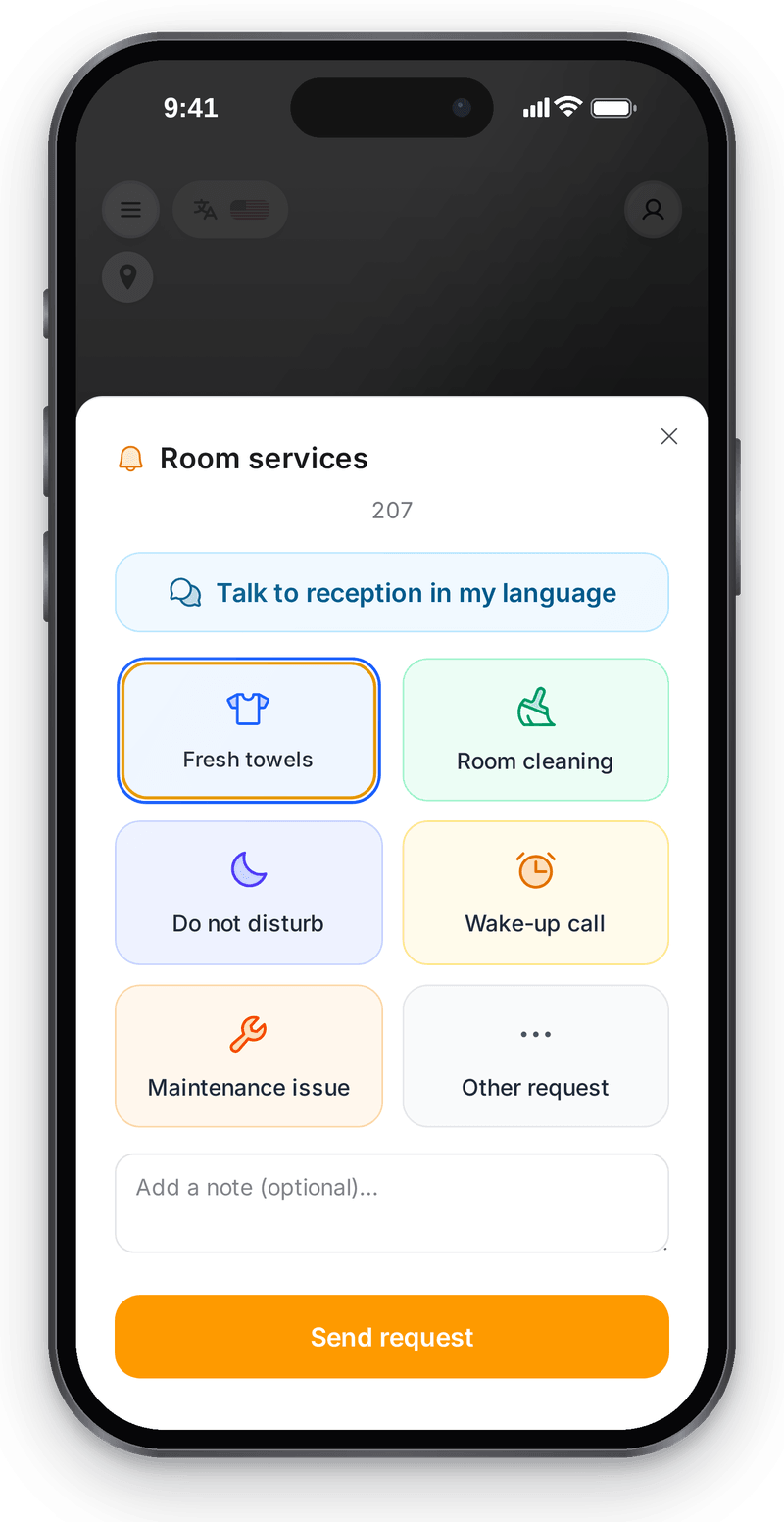 Room 207 “Room services” sheet: fresh towels, cleaning, do not disturb, wake-up call, maintenance and “talk to reception in my language”