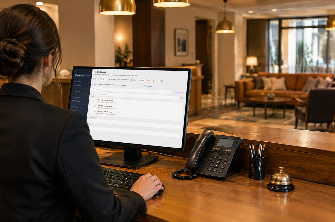 A hotel front desk: the receptionist works through shift tasks on the monitor