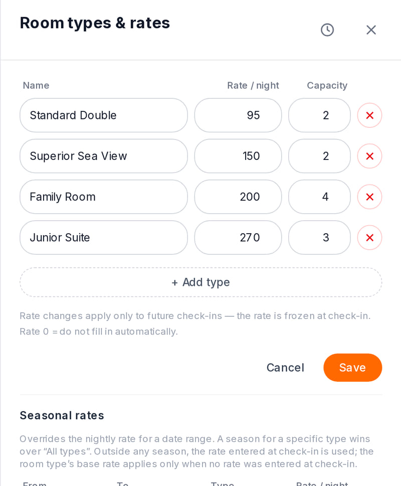“Room types & rates” window: nightly rates, capacity and seasonal rates per room type