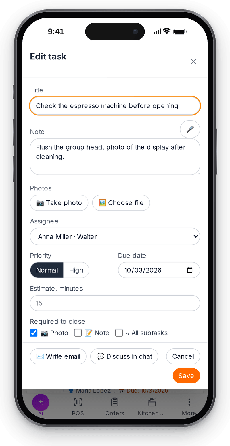 Task card on the phone: a photo is required to close it, with Take photo and Choose file buttons