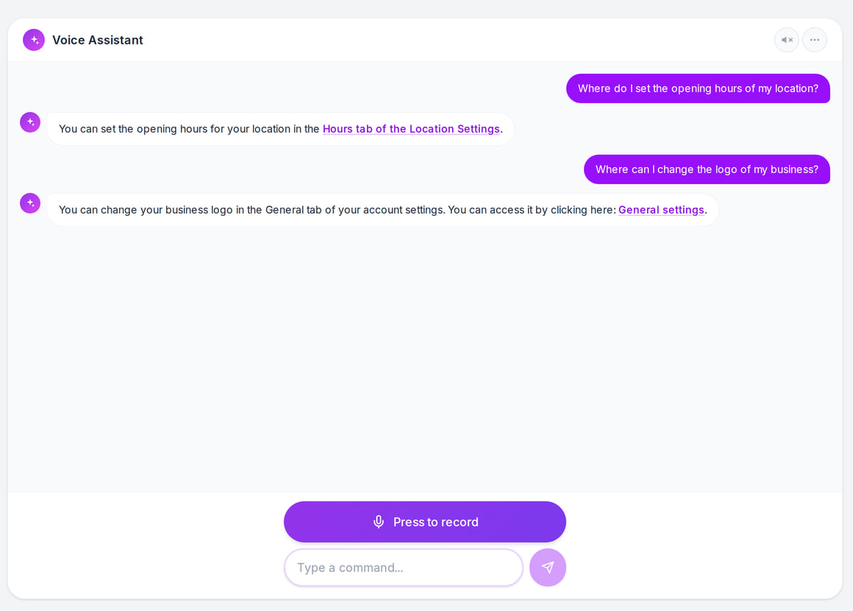The voice assistant in the dashboard: questions about opening hours and the logo, with answers linking to the right settings tabs