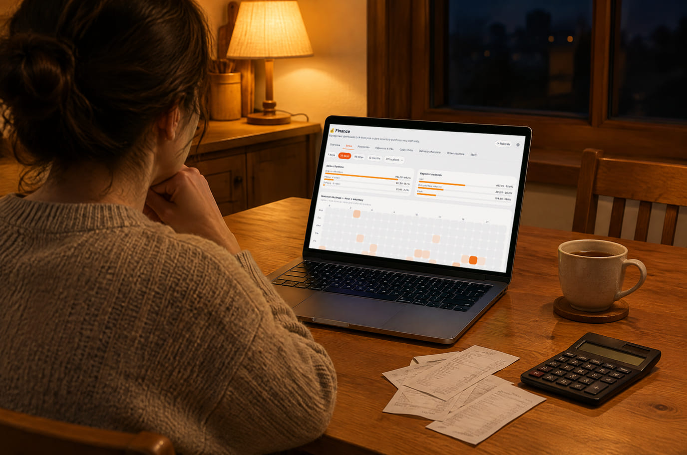 A shop owner at a kitchen table in the evening reviews monthly sales on a laptop next to receipts and a calculator