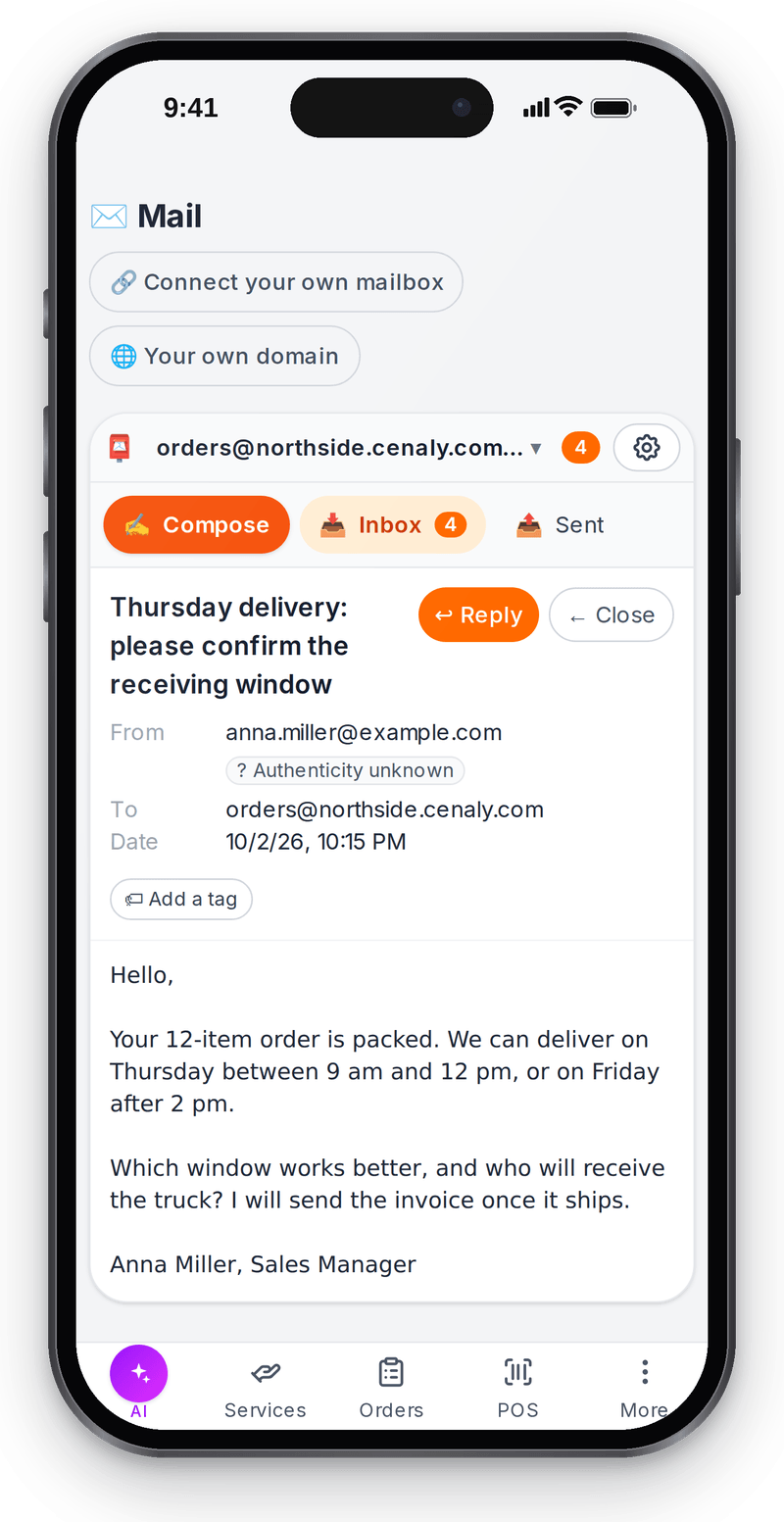 The same supplier letter on a phone: subject, sender, the team mailbox as recipient, the text and the Reply button