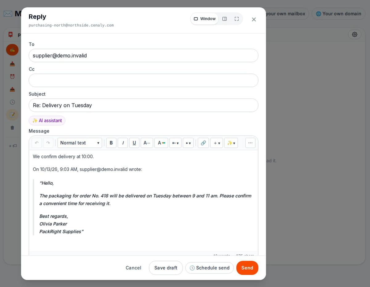 Reply to a supplier in the work mailbox: Delivery on Tuesday message, reply above the quote, Draft saved — the reply is in Drafts