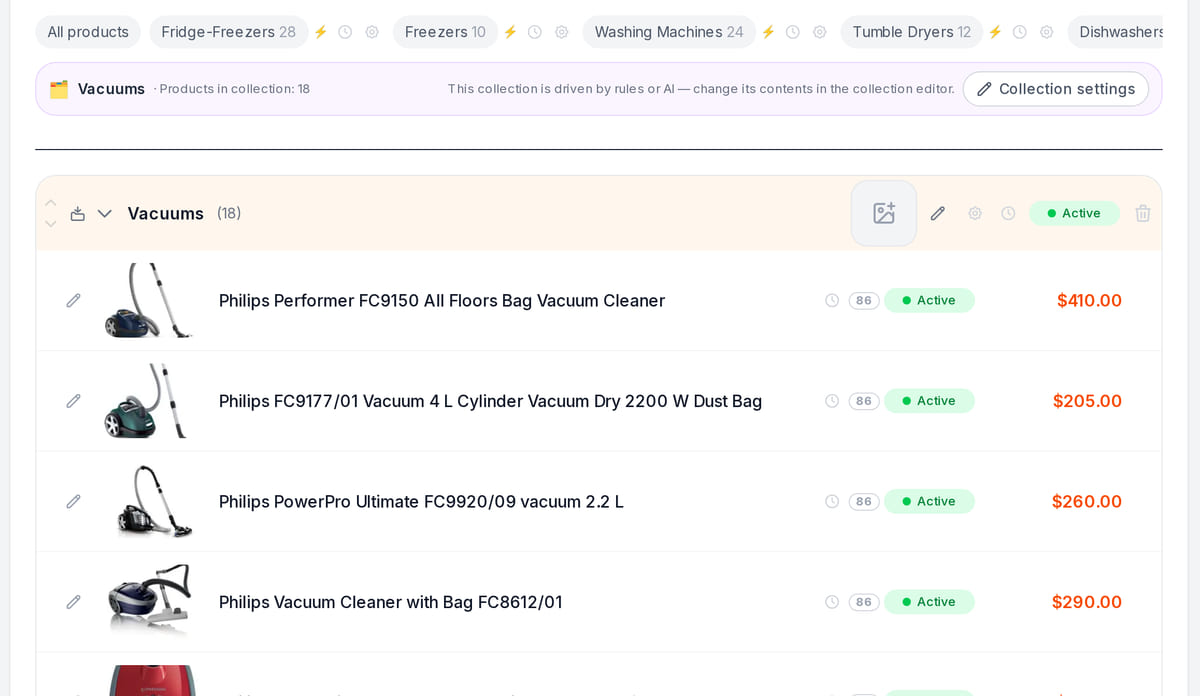 Shop product catalog in the back office: the vacuum category as a list with photos, names, prices and availability toggles