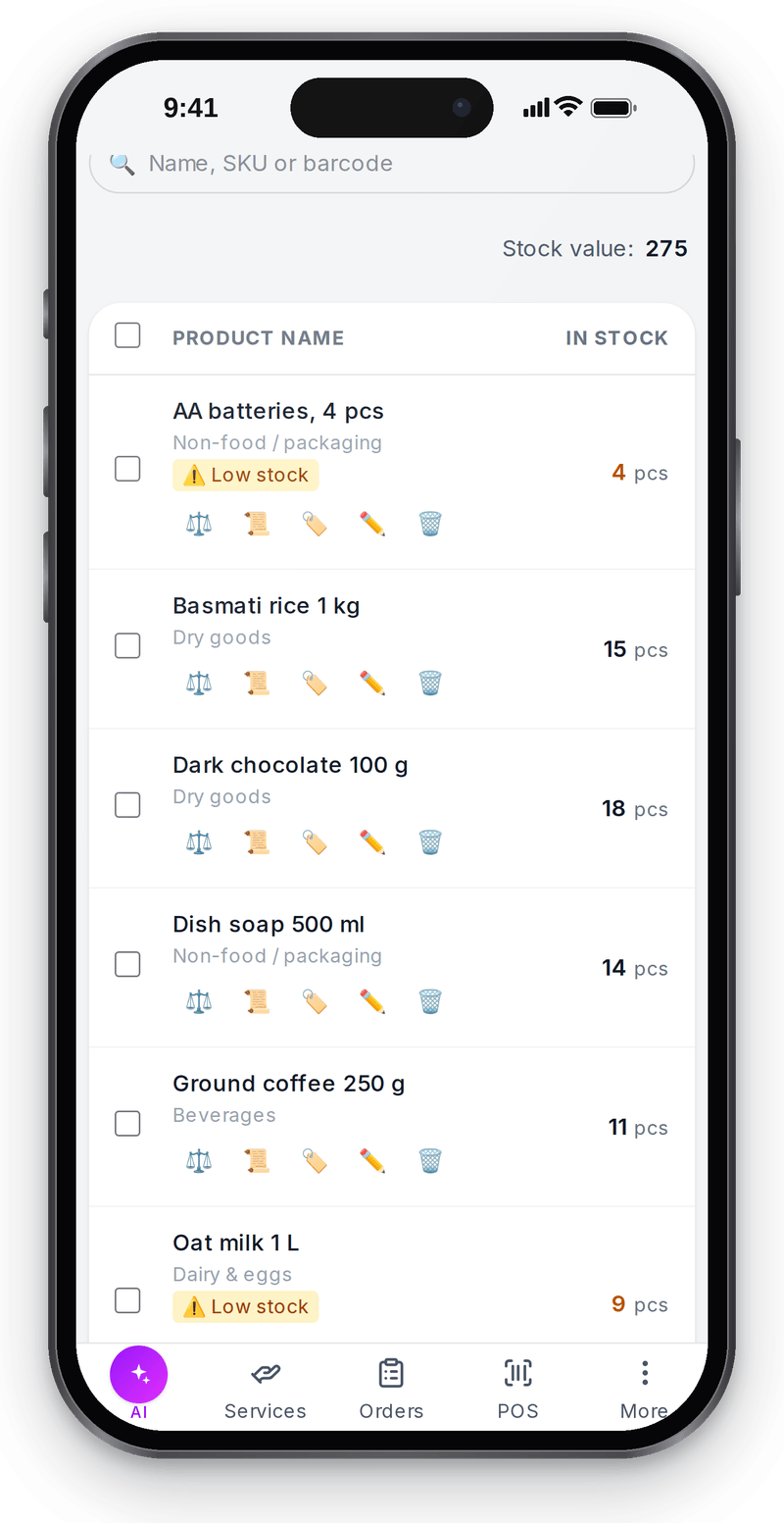 Stock levels in the back office on a phone: a product list with quantities and a Low stock flag